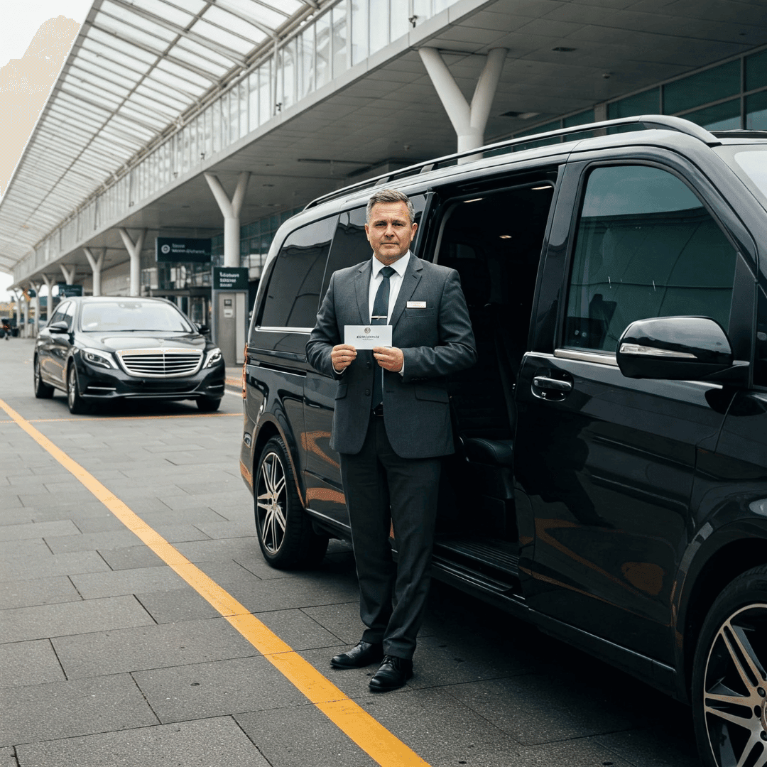 Professional chauffeur standing in front of luxury vehicle at airport